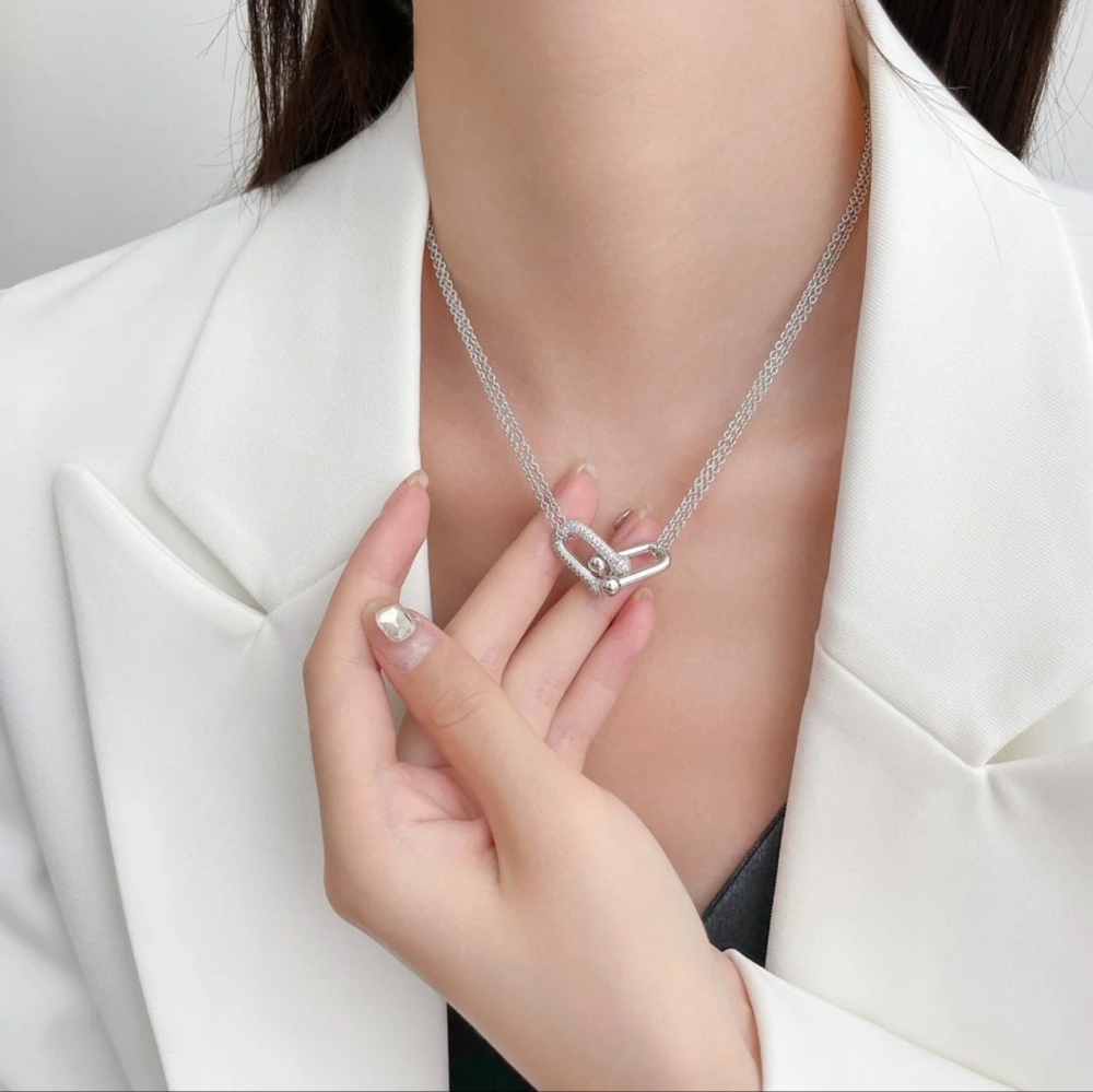 Silver Double Chain Necklace with Pave Carabiner Pendant